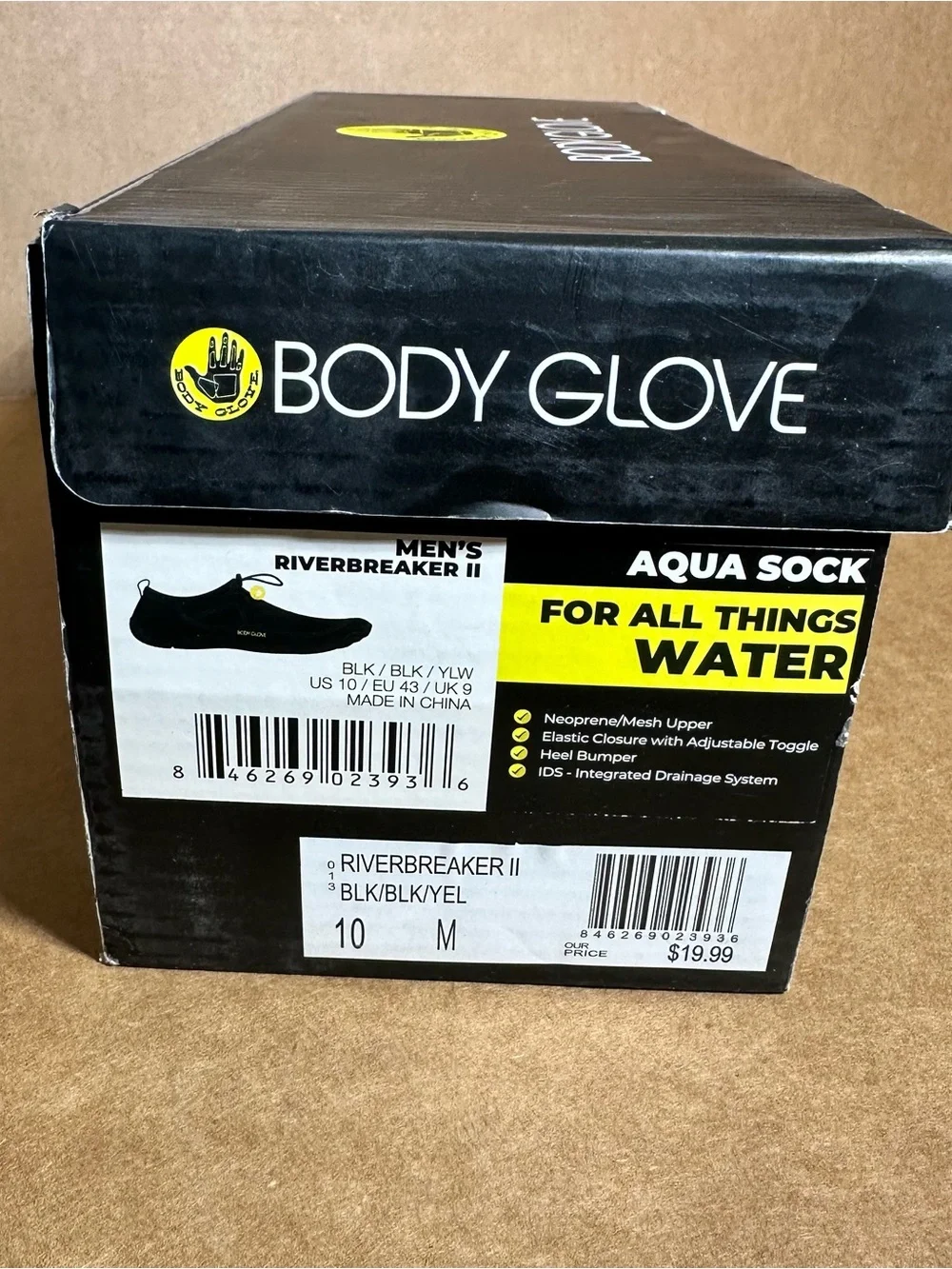 Body Glove Men's Black Water Shoe, Riverbreaker II , Aqua Socks, Size 10, New